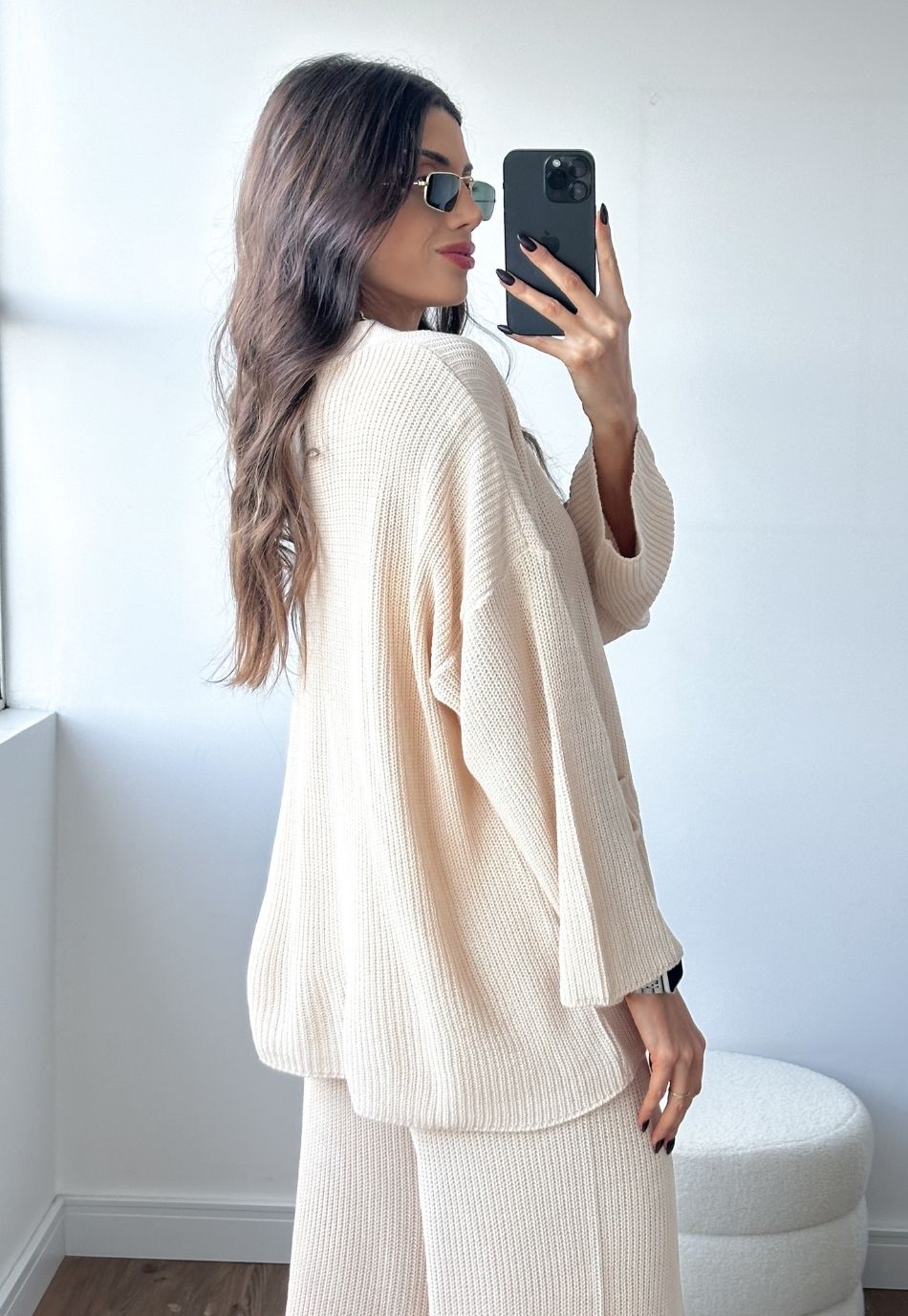 Conjunto Tricô Cardigan e Calça Wide Leg Areia