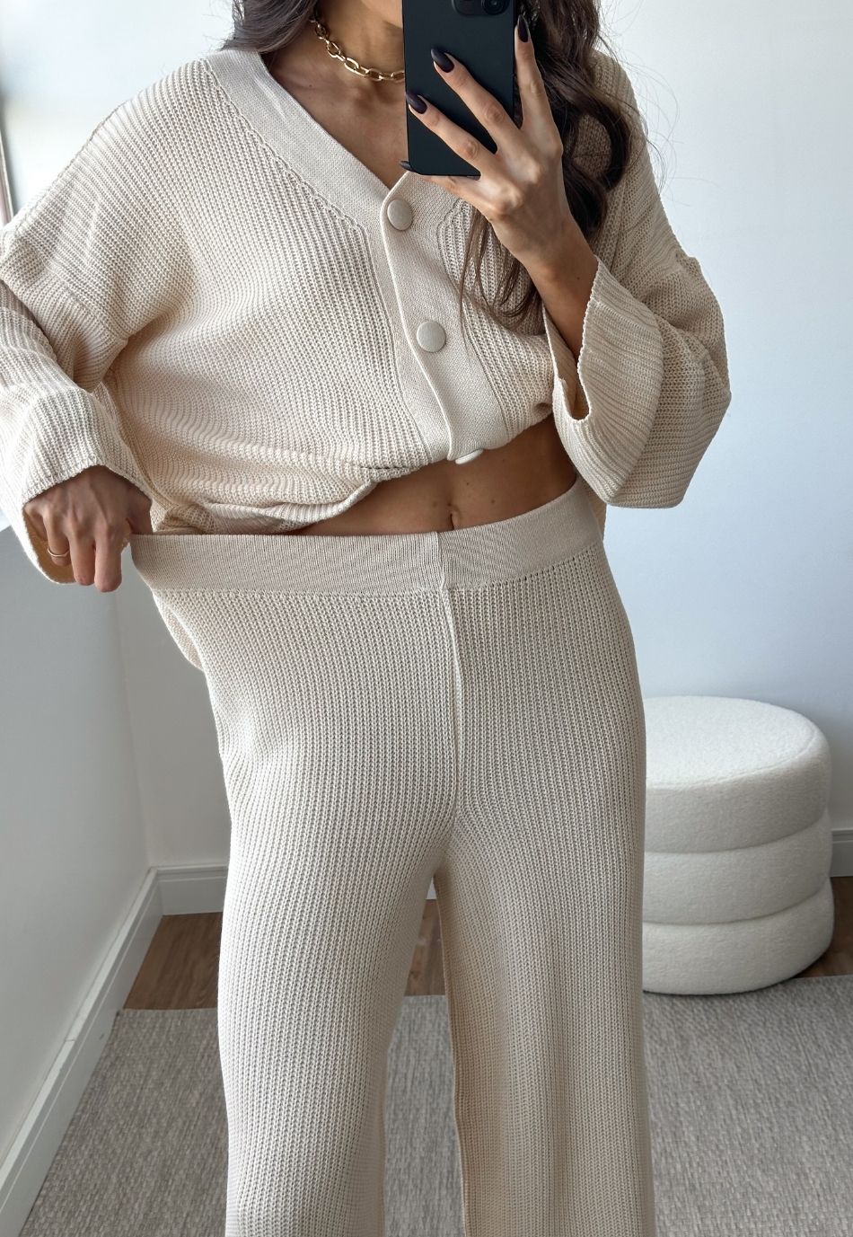 Conjunto Tricô Cardigan e Calça Wide Leg Areia