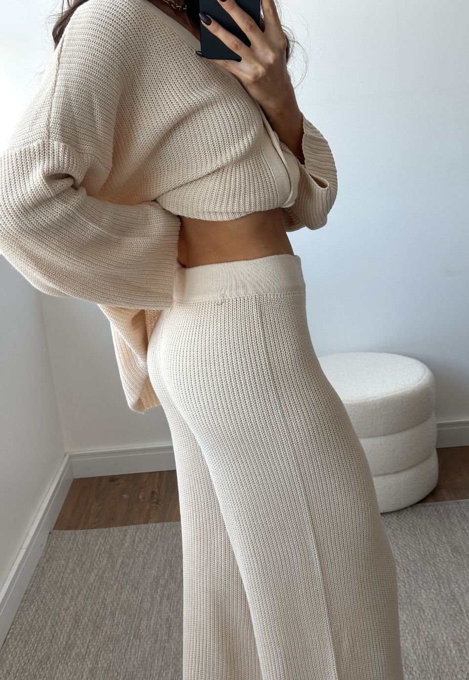 Conjunto Tricô Cardigan e Calça Wide Leg Areia