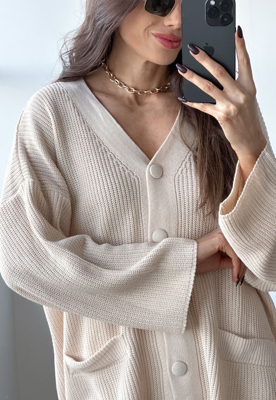 Conjunto Tricô Cardigan e Calça Wide Leg Areia