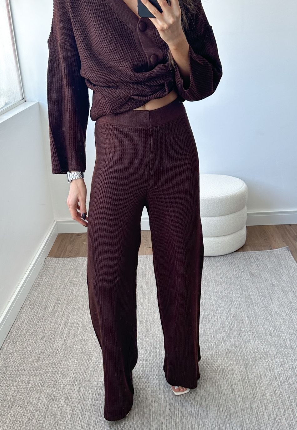 Conjunto Tricô Cardigan e Calça Wide Leg Café