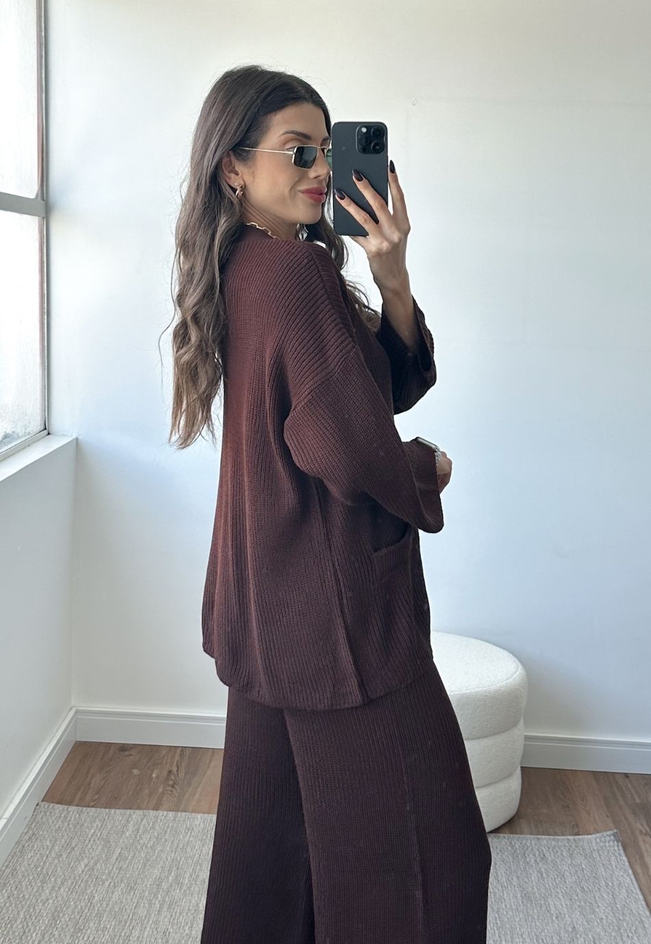 Conjunto Tricô Cardigan e Calça Wide Leg Café