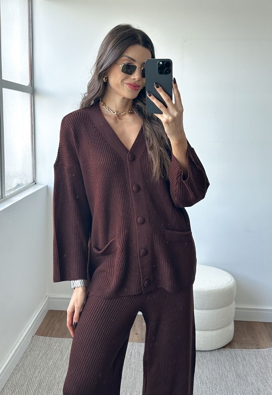 Conjunto Tricô Cardigan e Calça Wide Leg Café