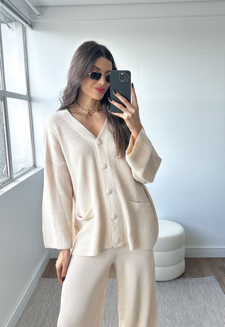Conjunto Tricô Cardigan e Calça Wide Leg Areia