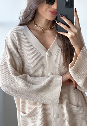 Conjunto Tricô Cardigan e Calça Wide Leg Areia