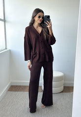 Conjunto Tricô Cardigan e Calça Wide Leg Café
