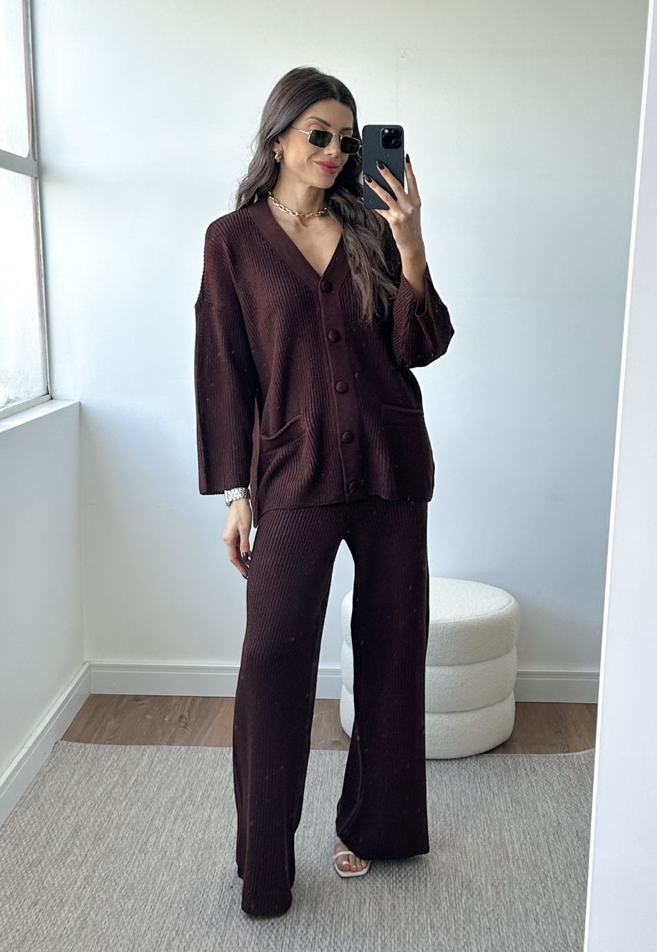 Conjunto Tricô Cardigan e Calça Wide Leg Café